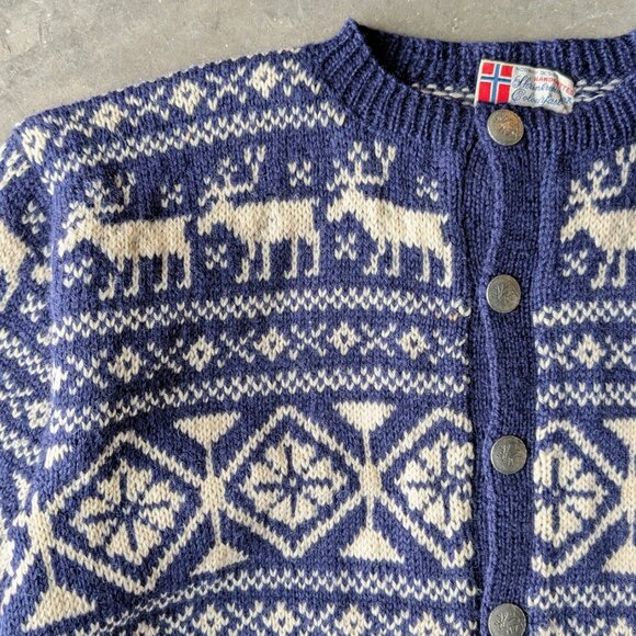Vintage Norway Design Handknit Blue White Fair Isle Moose Wool Cardigan Sweater - Picture 2 of 10